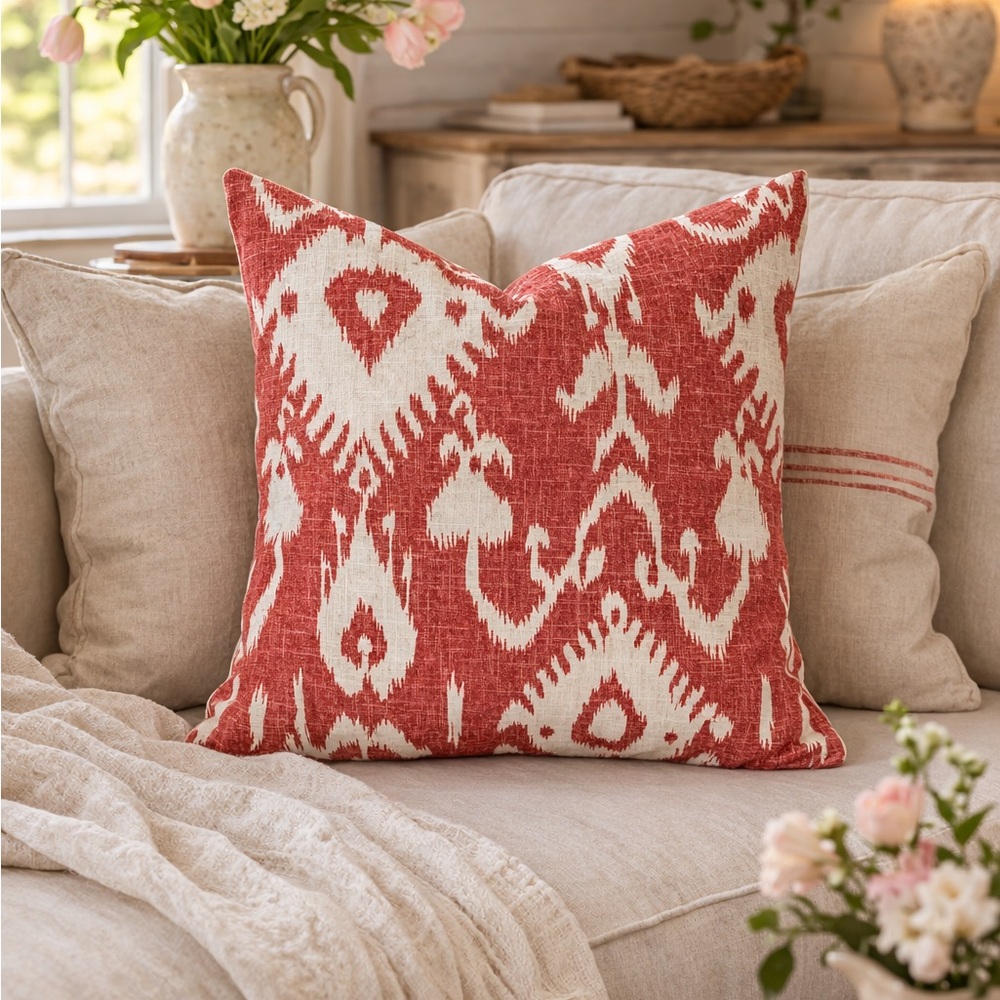Linen Ikat Throw Pillow Cover Sham 20 inches Square Coral Red Cream Cottage